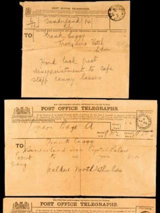 Three telegrams sent to Frank Cuggy, Sunderland's right-half
in the 1913 FA Cup final.