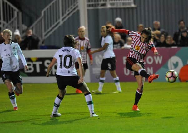 Sunderland skipper Lucy Staniforth fires home her stunning goal on Saturday night.