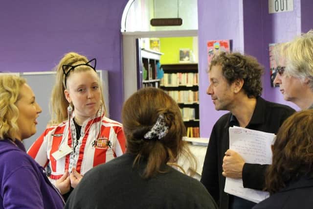City of Culture judges Phil Redmond (right) and Marcus Fairs (second right) meet artist Sophie Beresford (left) and Joanne Cooper (far left), from Back on the Map