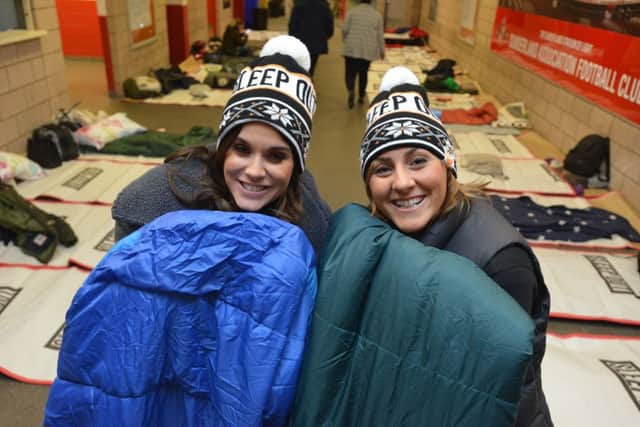 Centrepoint sleep out at the Stadium of Light. Vicky Pattison and Katie Bulmer-Cooke.