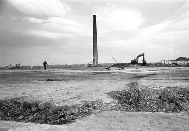 Big Chimney  6 April 1991  old ref number 4524
A lone chimney is all that remains of the old Sunderland forge.  Demolition is now almost complete.