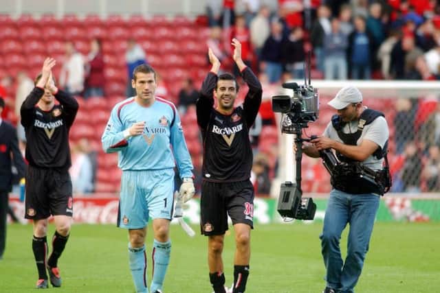 Julio Arca, who played  for both clubs, celebrates with Sunderland