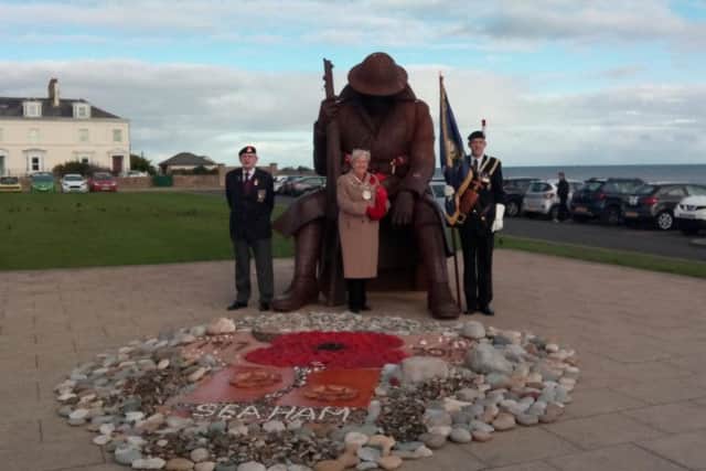 Mayor of Seaham Coun Sonia Forster, flanked by Derek Bland (left) and Sunderland Fusiliers' standard bearer Pip Rildey