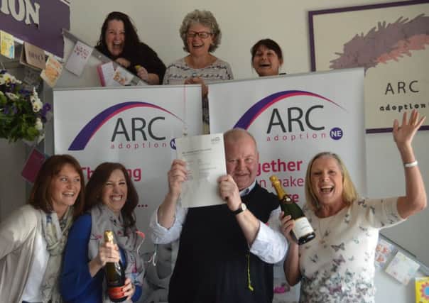 Members of the ARC Adoption North East team celebrate their outstanding achievement. Front l-r; Clare Rowe, Lisa Parkin, Terry Fitzpatrick and Sue Holton. Back l-r: Lorraine Jefferson, Jill Duffy and Lynn Applegarth.