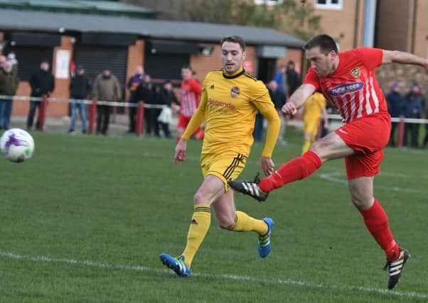 James Ellis fires in a shot for Ryhope CW against City of Liverpool in Saturday's Vase tie. Picture by Kevin Brady