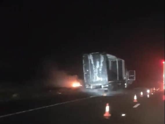 A truck fire being put out on the A1 southbound at Chester-le-Street on Wednesday night. Pic courtesy of Michael Leonard.