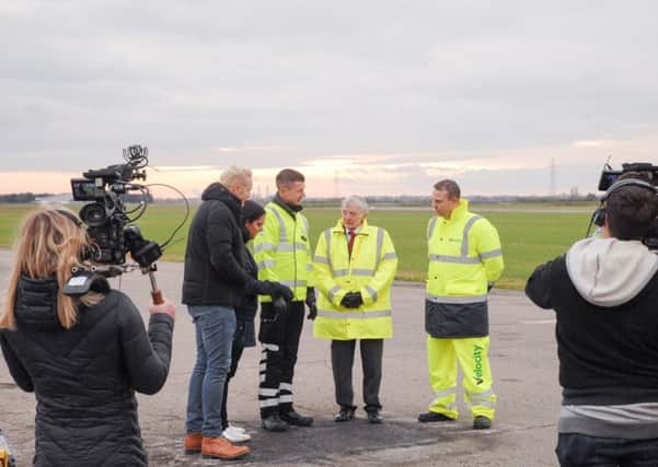 Iwan Thomas, Victoria Hazael (Cycling UK), Vince Crain (The AA), Keith Jones (ICE) and Dominic Gardner (Velocity) filming for The One Show.