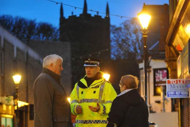 Police walkabout in Houghton-le-Spring town centre.  Supt Steve Heatley talks with councillors Alex Scullion and Juliana Heron.
