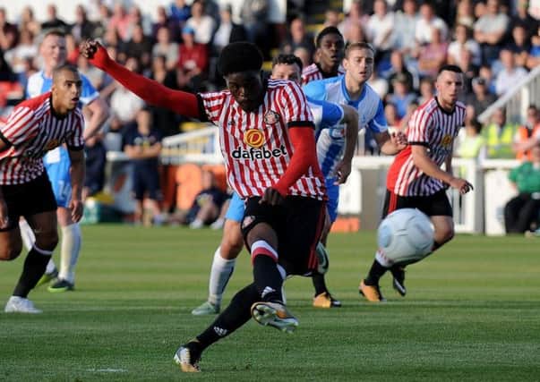 Josh Maja puts Sunderland in front from the penalty spot against Hartlepool United in pre-season. Picture by Frank Reid.