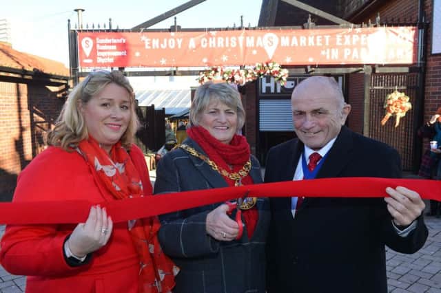 Park Lane Christmas market launch.
From left  Sunderland Bid Sharon Appleby, Mayor of Sunderland Councillor Doris MacKnight with consort Keith MacKnight