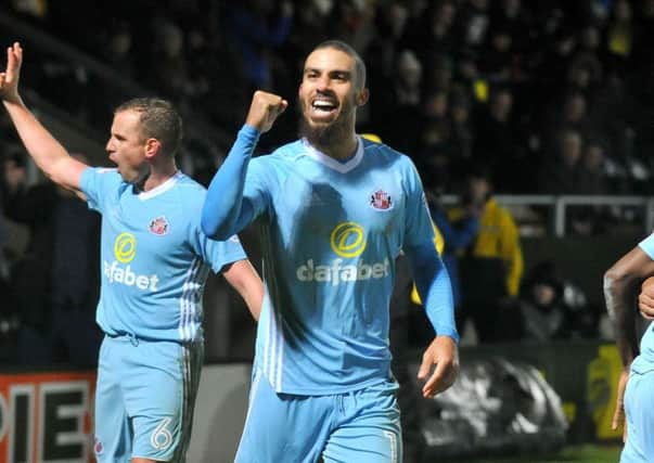 Lewis Grabban leads the celebrations as Sunderland win at Burton Albion. Picture by Frank Reid