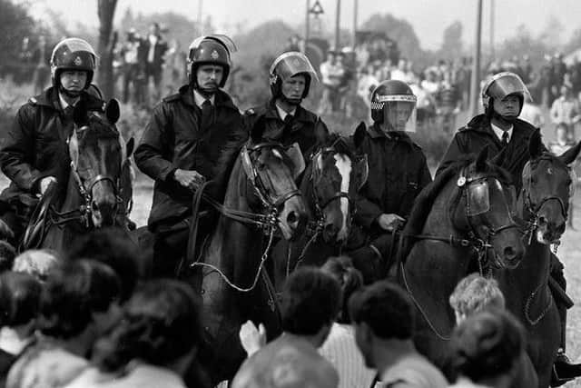 A scene from the Battle of Orgreave, which saw police and miners clash on the picket lines.