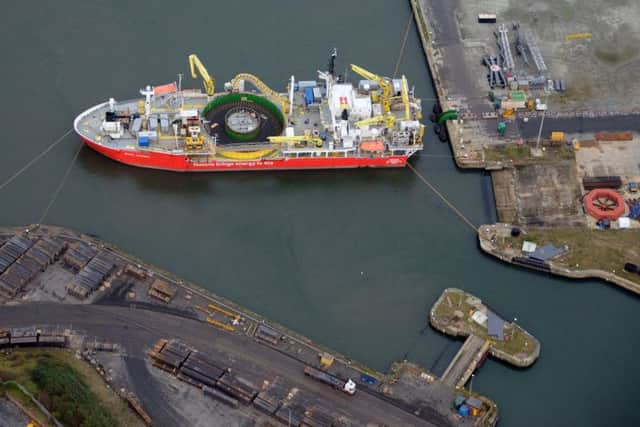 The enormous NEXANS SKAGERRAK advanced cable laying vessel offloaded 1,500m of 256mm thick submarine cable, weighing an incredible 184.5 tons, at Port of Sunderland