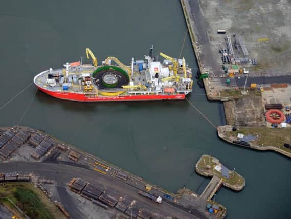 The enormous NEXANS SKAGERRAK advanced cable laying vessel offloaded 1,500m of 256mm thick submarine cable, weighing an incredible 184.5 tons, at Port of Sunderland