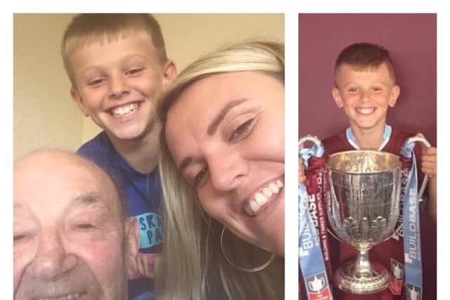 Left, Ashley Tomlin with grandfather James Tomlin and son Jak Fada. Right, Jak proudly wears his South Shields colours.