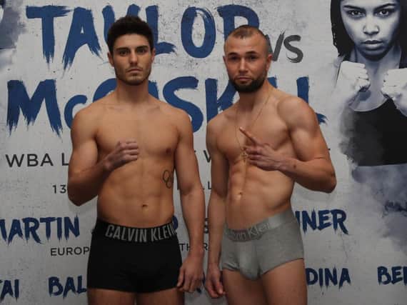 Josh Kelly (left) and Jean Michel Hamilcaro after weighing in for their 10-round international match. Picture by LAWRENCE LUSTIG/ MATCHROOM