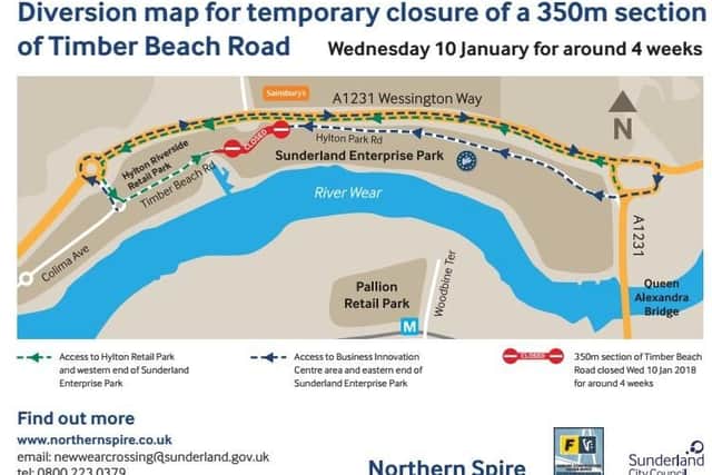 Temporary road changes to Timber Beach Road in Sunderland.
