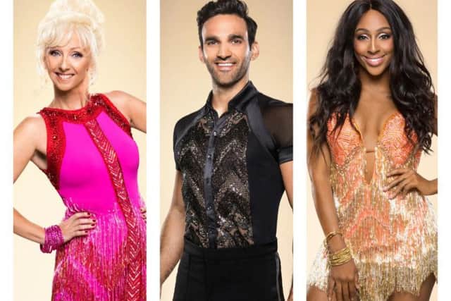 The celebs taking part include, from left, Debbie McGee, Davood Ghadami and Alexandra Burke.