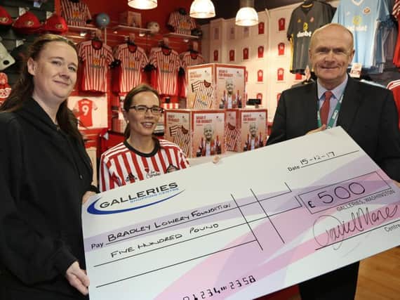 From left to right, Lynn Murphy, head of fundraising at the Bradley Lowery Foundation, Claire Brown, SAFC store manager at the Galleries Shopping Centre, and Rob Moses, operations manager at the Galleries.