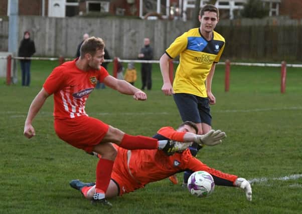 Whitley Bay keeper Thomas Flynn defies Ryhope CW on Saturday. Picture by Kevin Brady