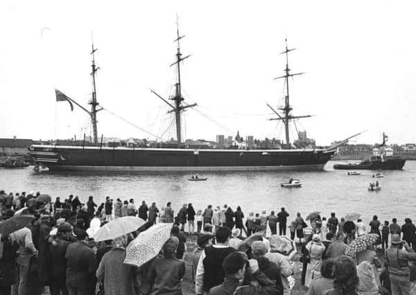 A view from Middleton as spectators brave the rain to watch the departure of HMS Warrior back in 1987.