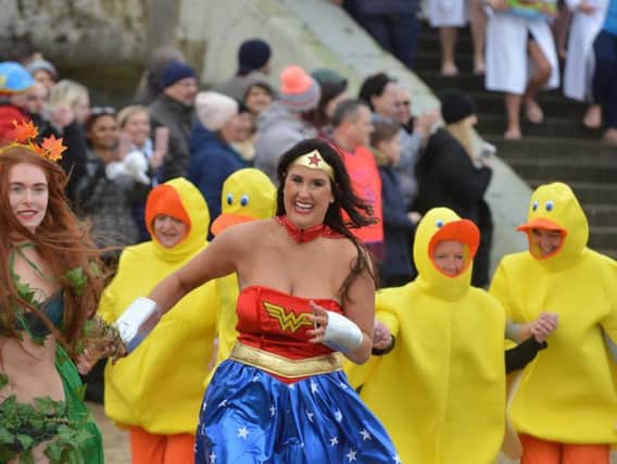 Wonder Woman was among the brave participants at today's Sunderland Boxing Day Dip.