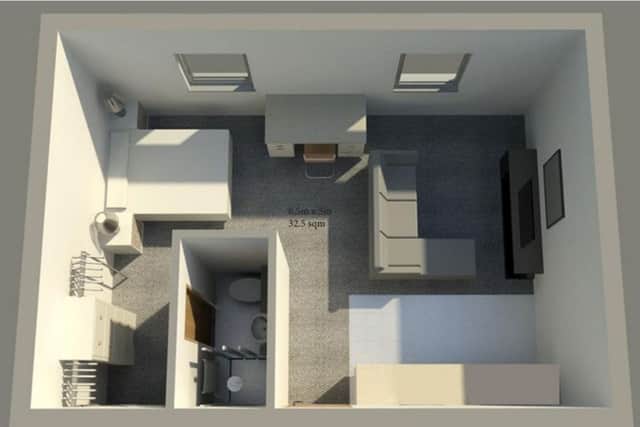 An ensuite, kitchen and walk in wardrobe feature in the designs for some of the rooms inside the student accommodation being created inside the former Joplings store.  Image with courtesy of 5 Star PR and Marketing.