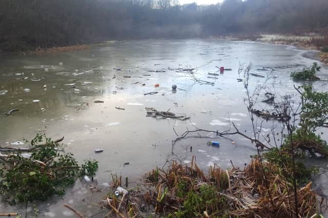 Rubbish left strewn across a frozen Castletown Dene pond in Sunderland.