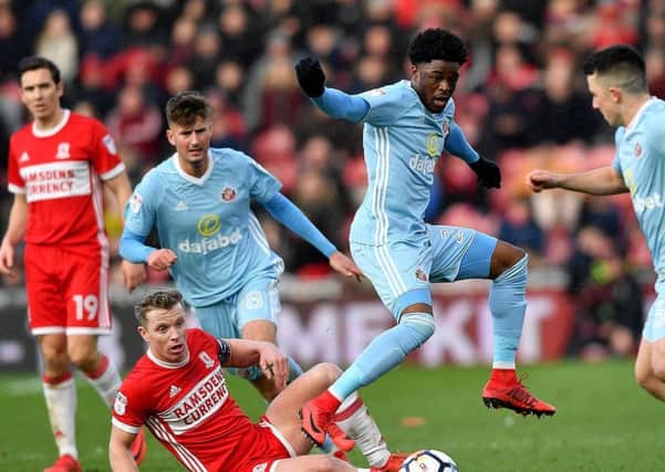Josh Maja looks to make an impact after getting past Boro's Grant Leadbitter. Picture by Frank Reid