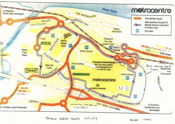Map showing route driven by drunk driver Gary Baker the wrong way round the one-way system at the Metro Centre.