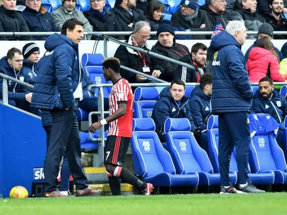 Ndong leaves the pitch after being sent off by Andrew Madley