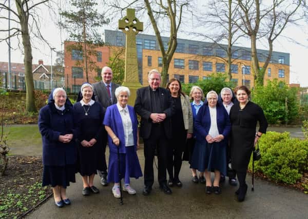 Pictured after Mass are Sister Michael, Sister Adrienne, Mike McDonagh ,school deputy head, Sister Dolores, Bishop Seamus Cunningham, Andrea Shanks, chairman of governors, Sister Josepha, Sister Enda, Sister Aelred and Monica Shepherd, head teacher.