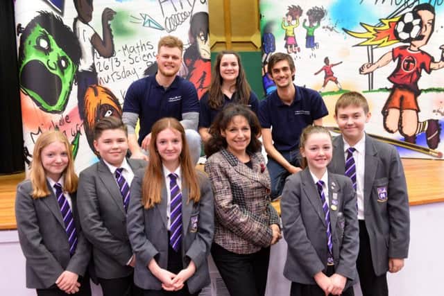 Alcohol awareness play, Smashed, visits Monkwearmouth Academy.
MP Julie Elliott with pupils and actors Daniel Petts, Eve Shotton and Jordan Moore.
