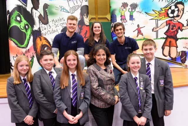 Alcohol awareness play,  Smashed, visits Monkwearmouth Academy. 
MP Julie Elliott with pupils and actors Daniel Petts, Eve Shotton and Jordan Moore.