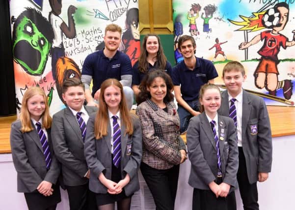 Alcohol awareness play,  Smashed, visits Monkwearmouth Academy. 
MP Julie Elliott with pupils and actors Daniel Petts, Eve Shotton and Jordan Moore.