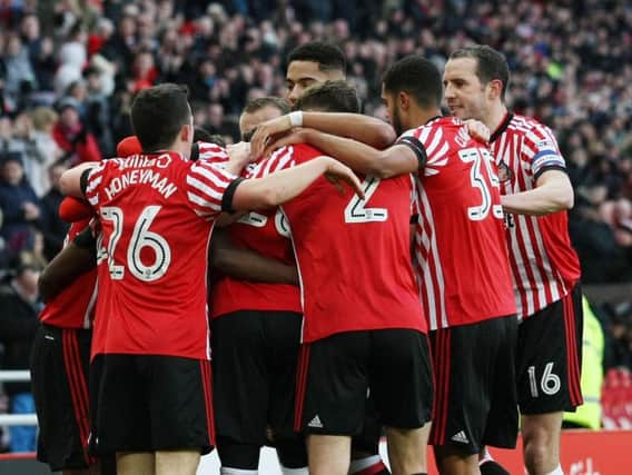 The Sunderland players celebrate Joel Asoro's goal in the win over Hull City.