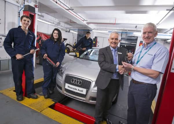 From left, students Michael Purvis, Rachael Pattison and Syed Ahmed, with Paul Anderson, aftersales manager at Wearside Audi, and Mel Reed, curriculum leader automotive engineering at Sunderland College.