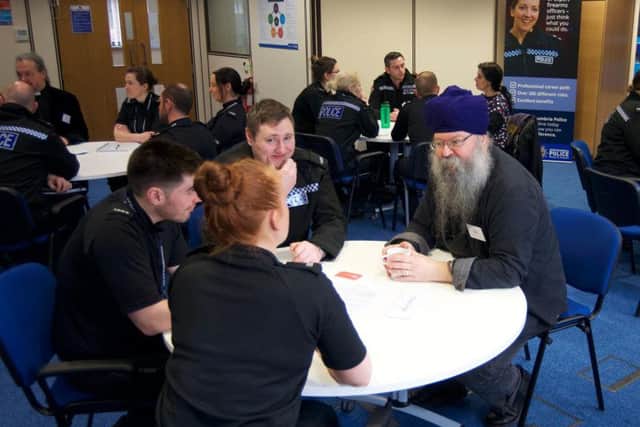 Sikh Cloud Singh meets officers who have joined Northumbria Police.