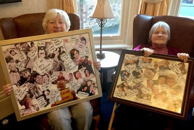 Mary Richardson, 83,  and Ethel Elliot, 95, with the collages.