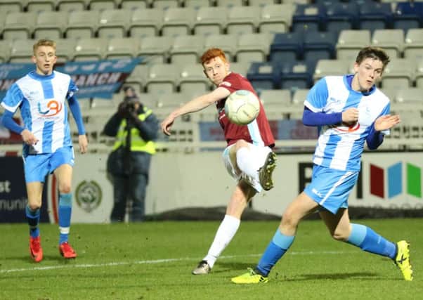 South Shields's Michael Richardson curls home their opening goal against Hartlepool United in last night's Durham Challenge Cup tie. Picture by Peter Talbot.