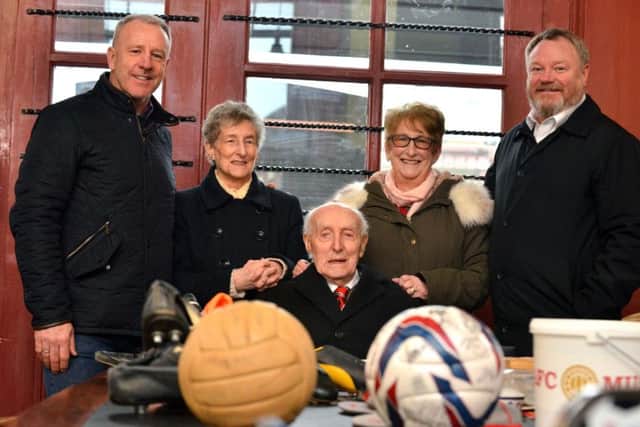 Birthday surprise for 102 year old SAFC supporter Ernie Jones by The Fans Museum. Former SAFC captain Kevin Ball daughters Dorothy Kay and Pauline Peel with Museum's Michael Ganley