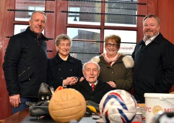 Birthday surprise for 102 year old SAFC supporter Ernie Jones by The Fans Museum. Former SAFC captain Kevin Ball daughters Dorothy Kay and Pauline Peel with Museum's Michael Ganley