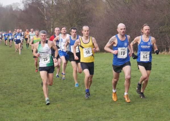 Main picture: Sunderland Harriers Ian Dixon (18) and Kevin Jeffress (62) lead the North East Masters Cross Country Championships in the earlier stages. Picture by David Aspen.