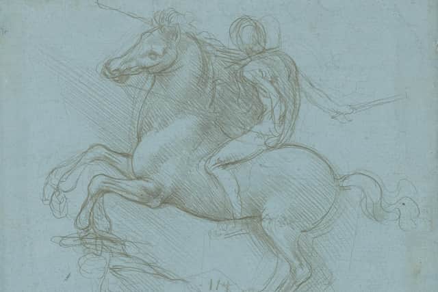 A design for an equestrian monument, c.1485-8, one of almost 150 drawings by Leonardo da Vinci will go on display in simultaneous exhibitions around the UK to mark the 500th anniversary of the Renaissance master's death.