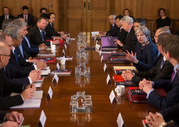 Prime Minister Theresa May speaks as she hosts a roundtable with Japanese investors in the UK at 10 Downing Street