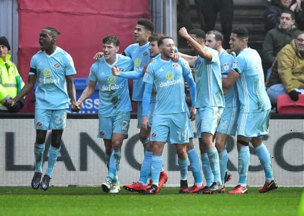 Sunderland players celebrate their late equaliser at Ashton Gate.