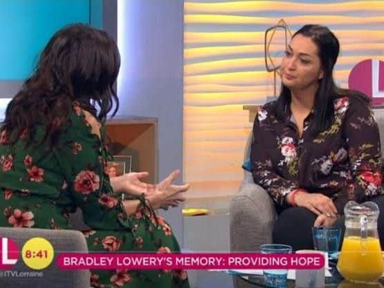 Christine Lampard speaks to Bradley's mum Gemma on the sofa of the ITV Lorraine show.