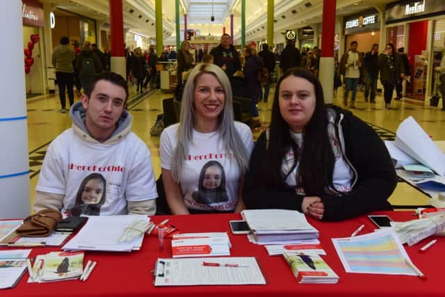 The family and friends of Chloe Gray together with DKMS Charity, asking people to sign up as potential stem cell doners,  in The Bridges on Tuesday. Pictured l-r are Jason Gray (Chloe's uncle), nurse Danielle Hardy and Francesca Bowser (Chloe's mum).