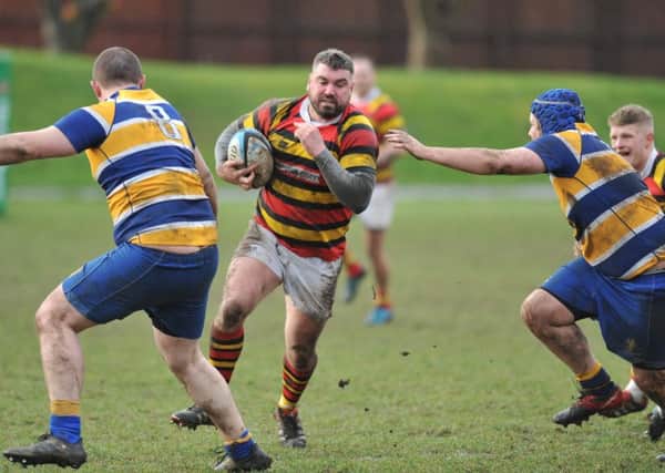 Sunderland RFC (red/yellow) attack against Ashington in their narrow win a fortnight ago.