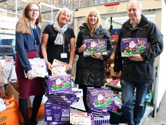 From left, council officers Michelle Hurton and Pamela Glaister with Coun Jane Brown, presenting Peter MacLellan of Durham Christian Partnership with the foodbank donation.


(L-R): Michelle Hurton, Pamela Glaister, Cllr Jane Brown and Peter MacLellan.